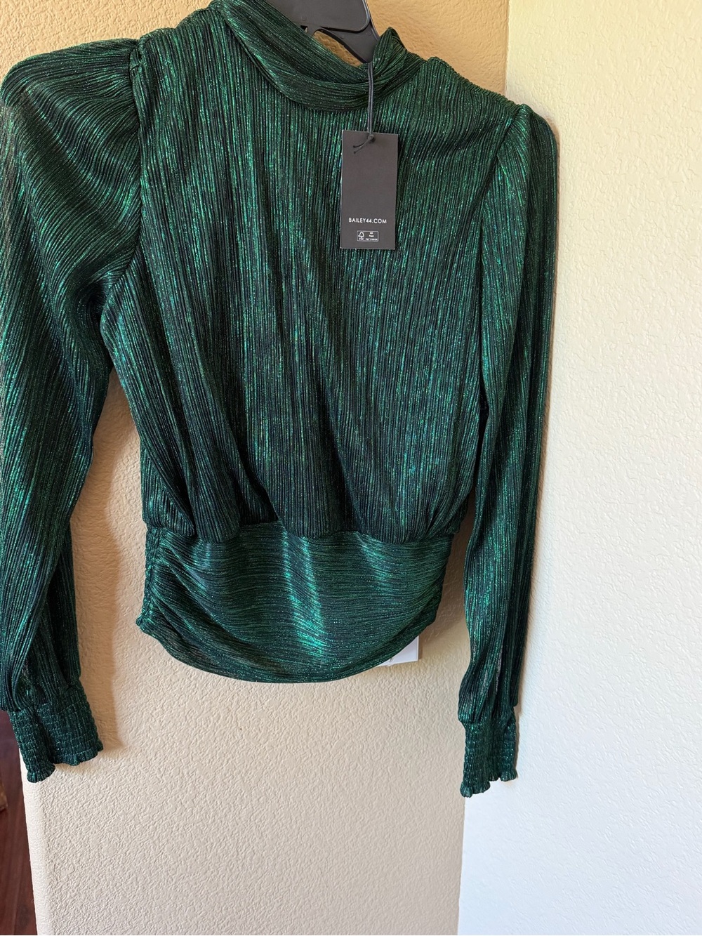 Green Emerald Metallic Mock Neck Long-Sleeve Top